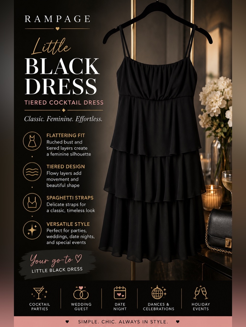 Rampage Black Tiered Cocktail Dress Spaghetti Strap Party Dress